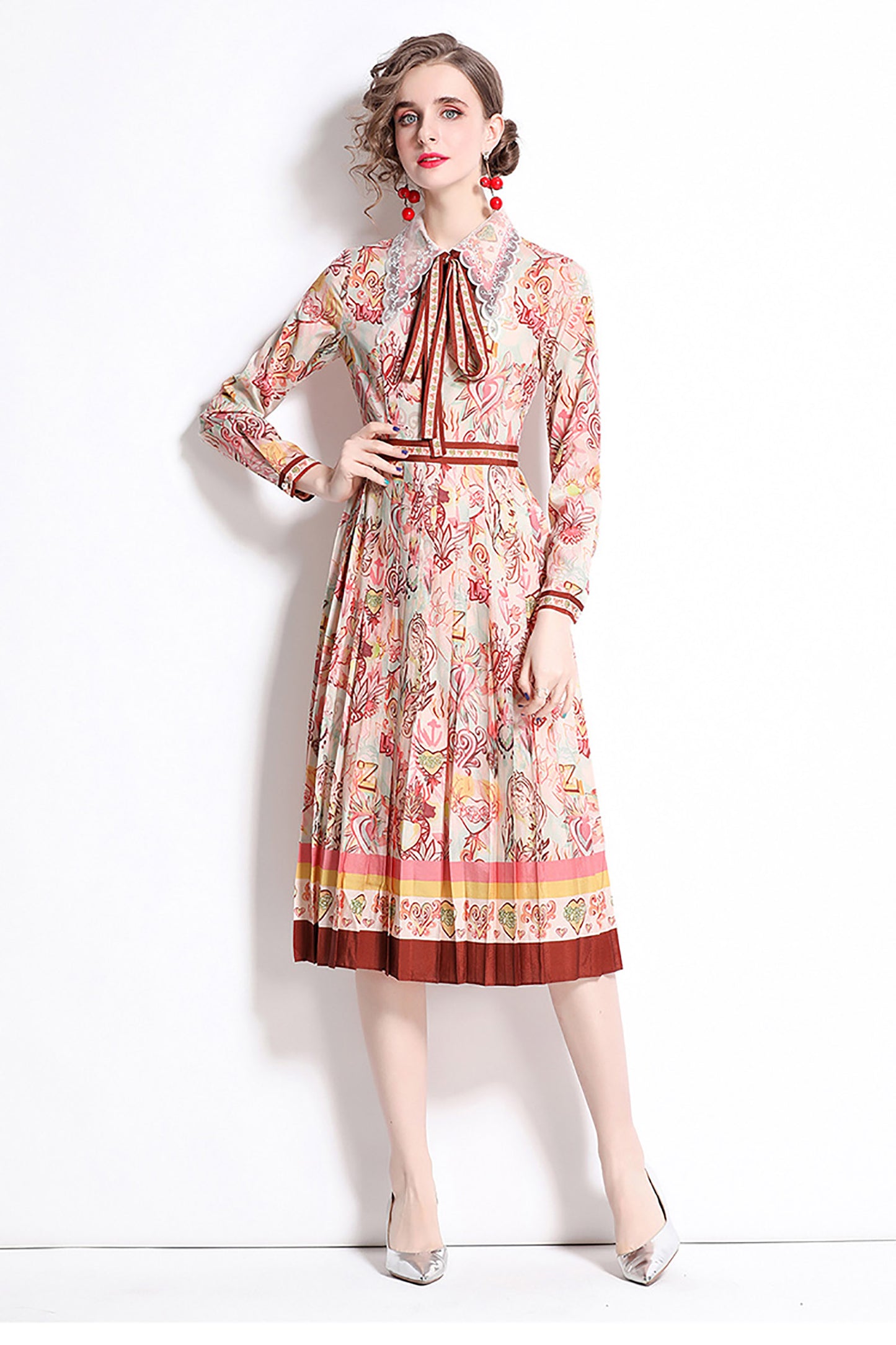 Collar Neck Long Sleeves Tie Pleated Floral Print Midi Dress