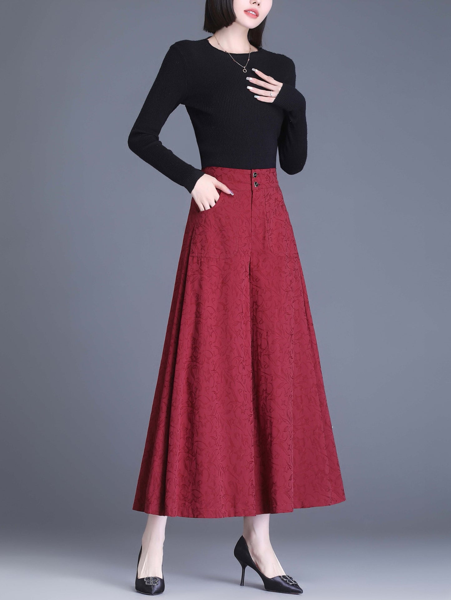 Red High Waist Solid Wide Leg Trousres with Pocket