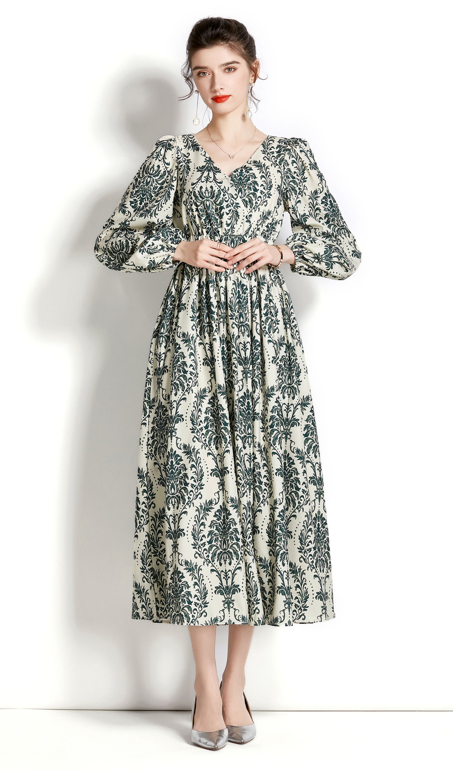 V-Neck Long Puff Sleeves Floral Print Midi Dress