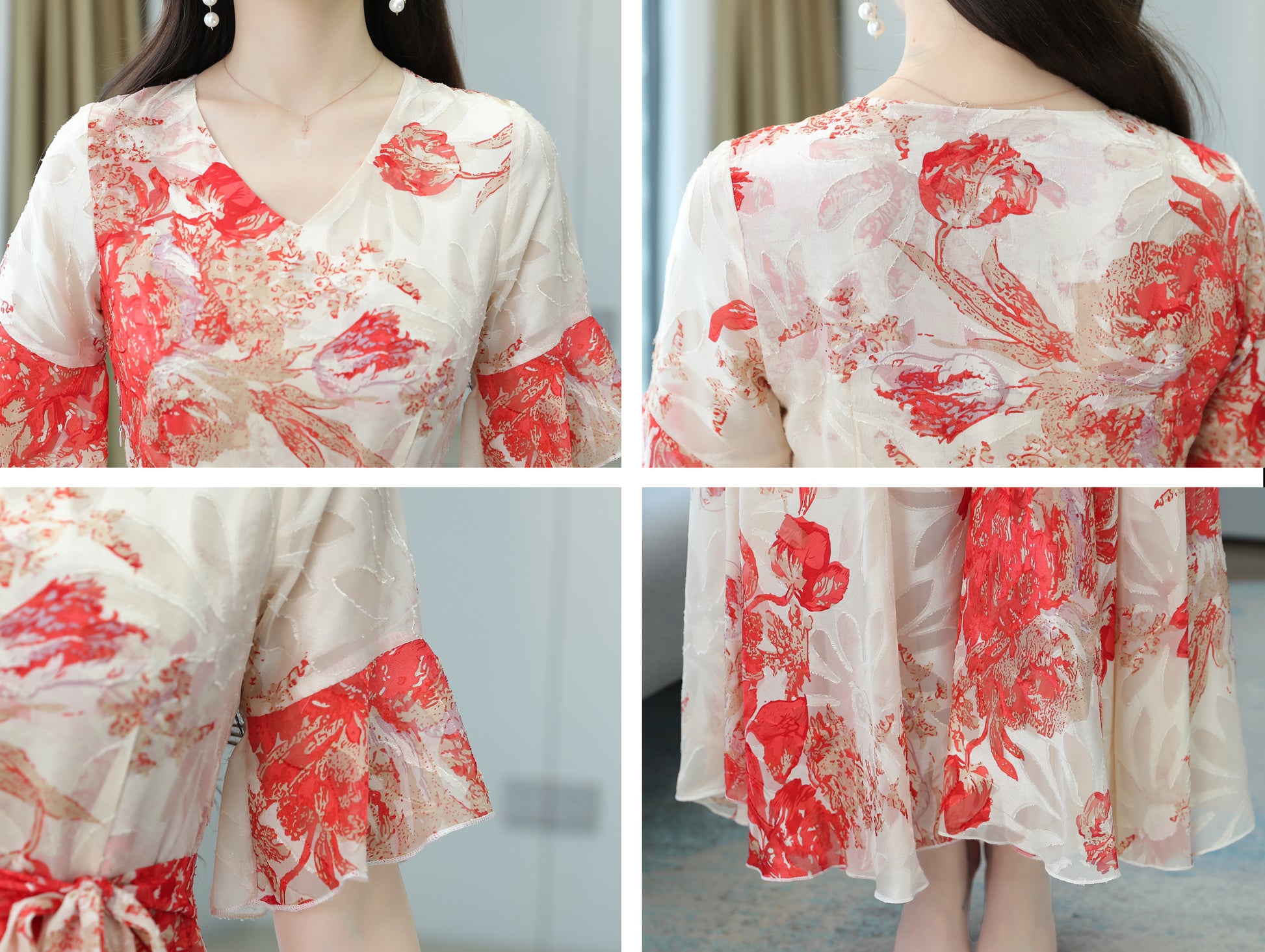 Classic White Dress Red Floral Pattern V-Neck Maxi Dress - LAI MENG FIVE CATS