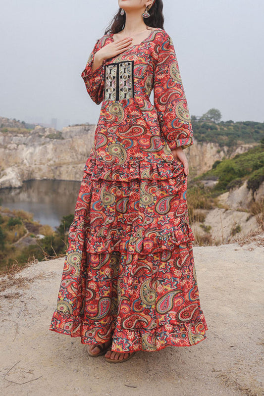 Elasticity Waist Elegant Bohemian Casual Floral Print Maxi Dress