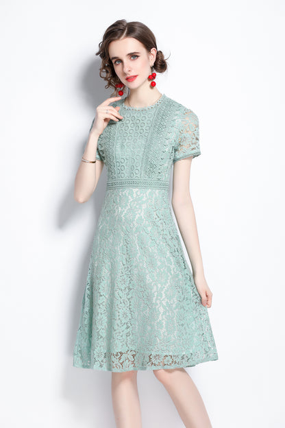 Women's Green Floral Print Lace Short Sleeve Midi Dress