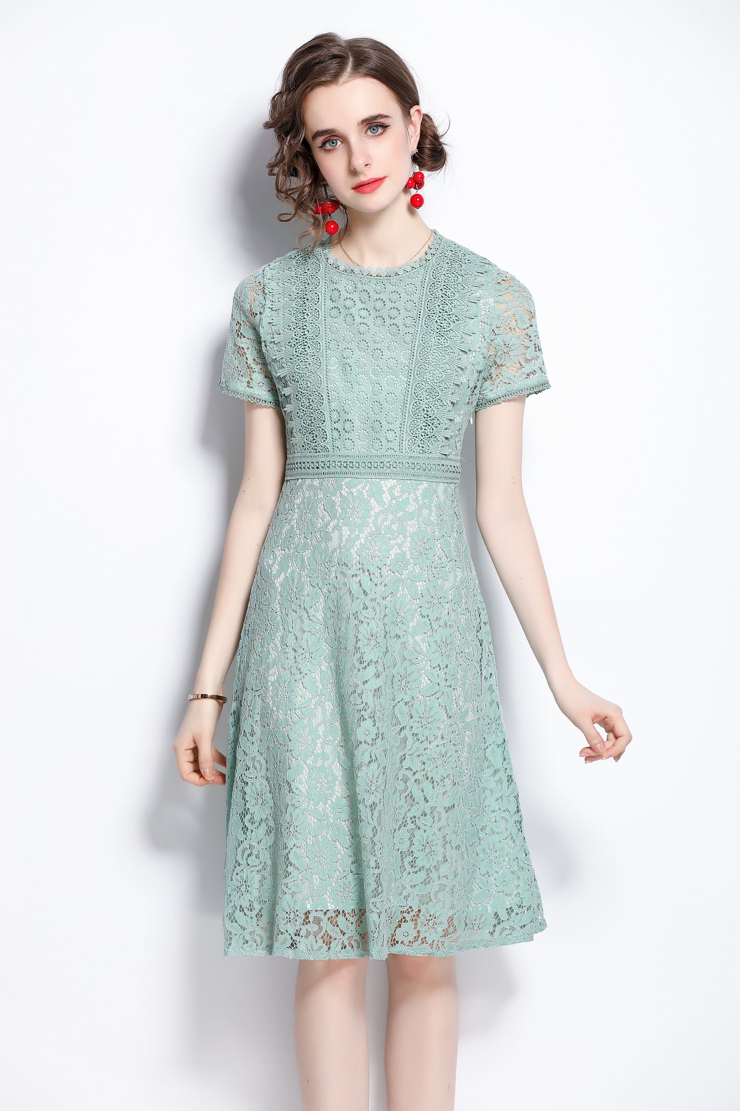 Women's Green Floral Print Lace Short Sleeve Midi Dress
