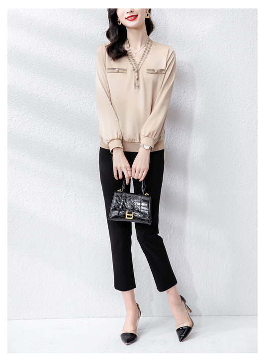 Stain Solid Color Long Sleeve Button-Down Shirt Blouse