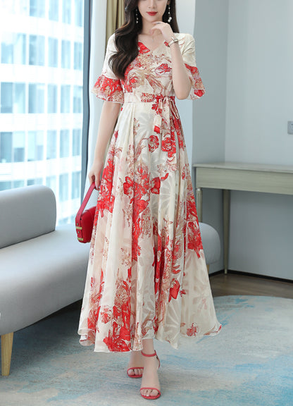 Classic White Dress Red Floral Pattern V-Neck Maxi Dress - LAI MENG FIVE CATS