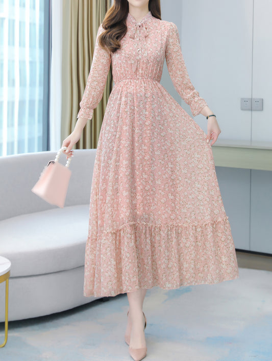 Classic Dress Floral Pattern Tie Neck Maxi Print Dress