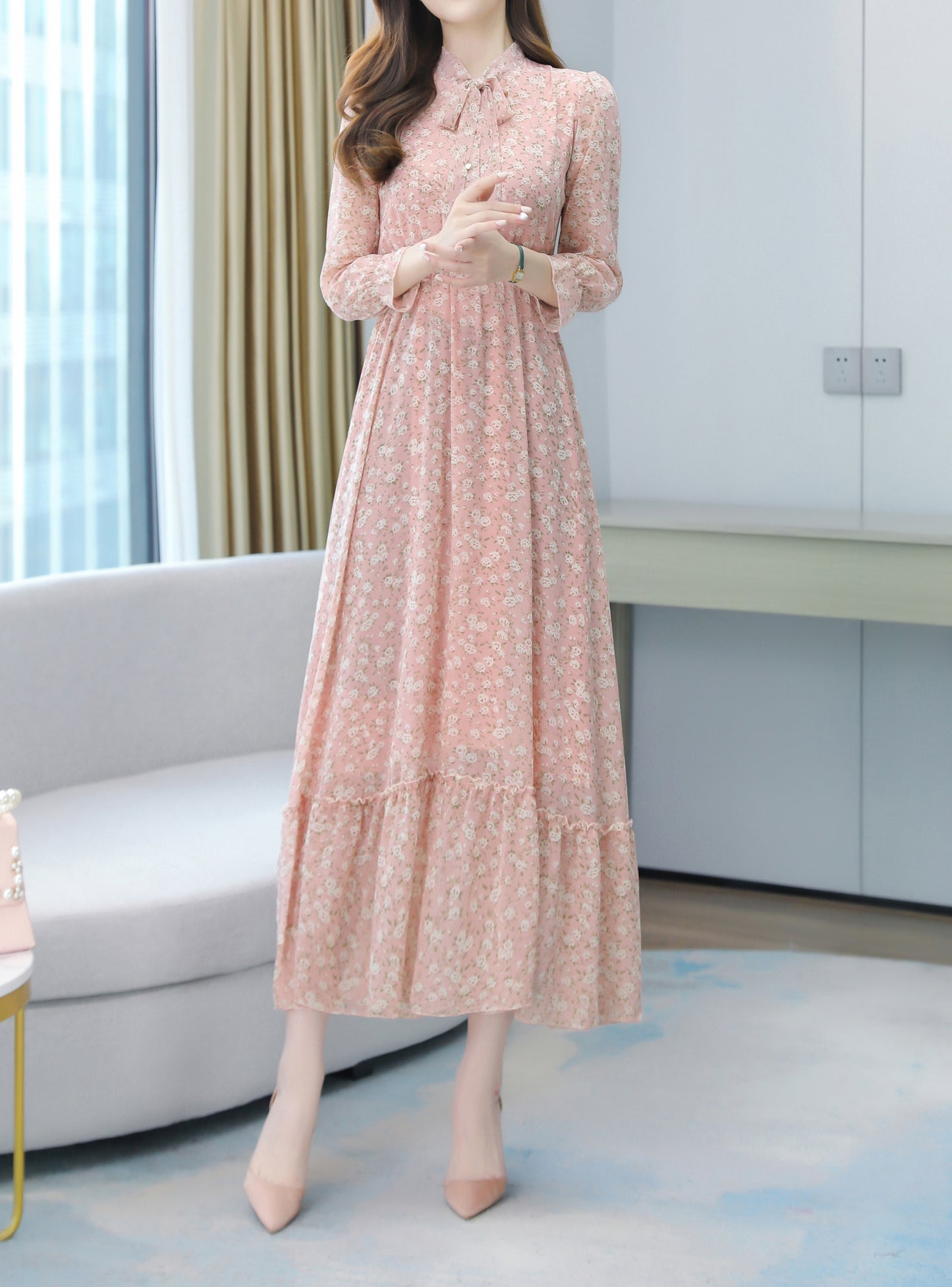 Classic Dress Floral Pattern Tie Neck Maxi Print Dress