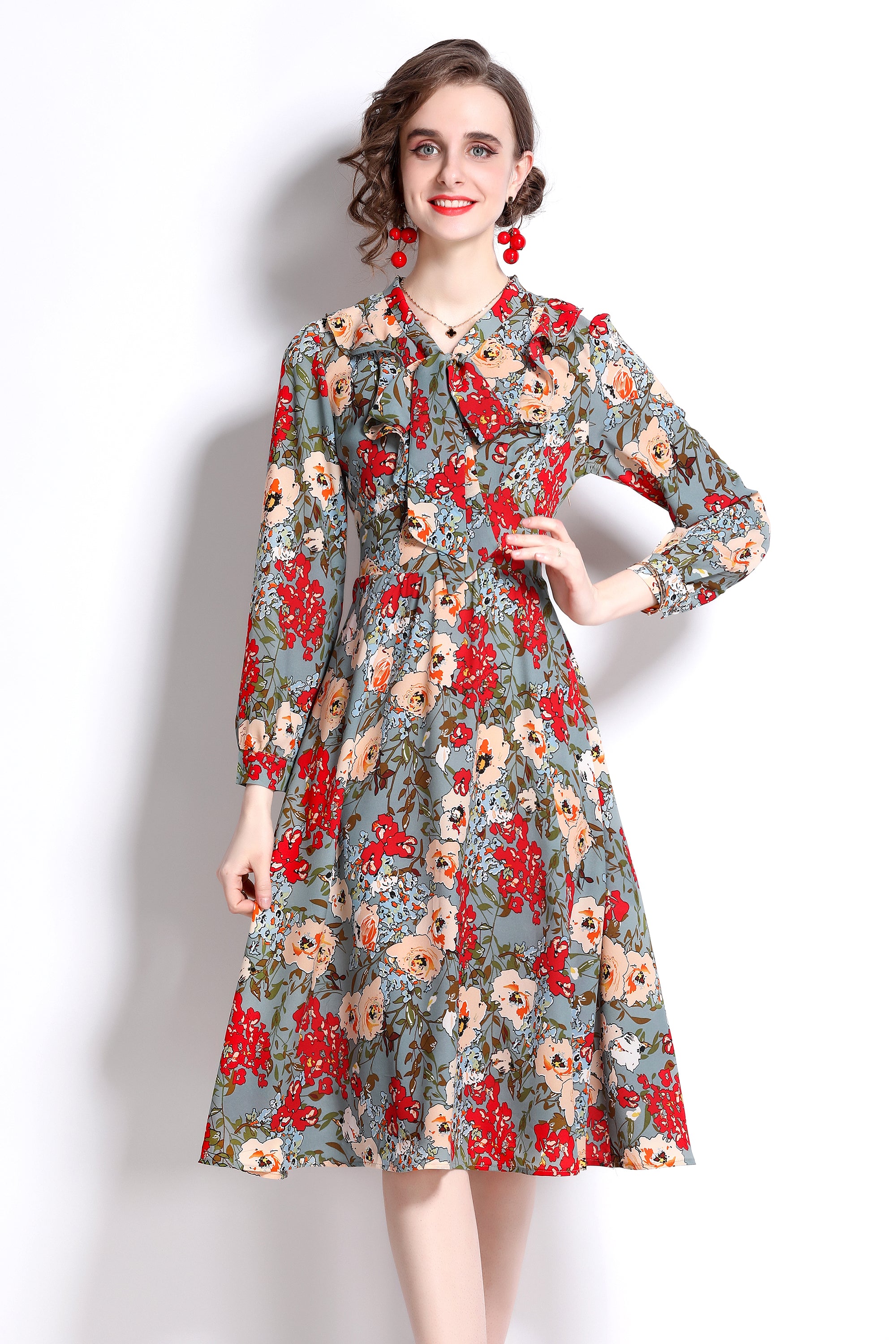 Floral Print Tie Neck Elegant Midi Dress – LAI MENG FIVE CATS