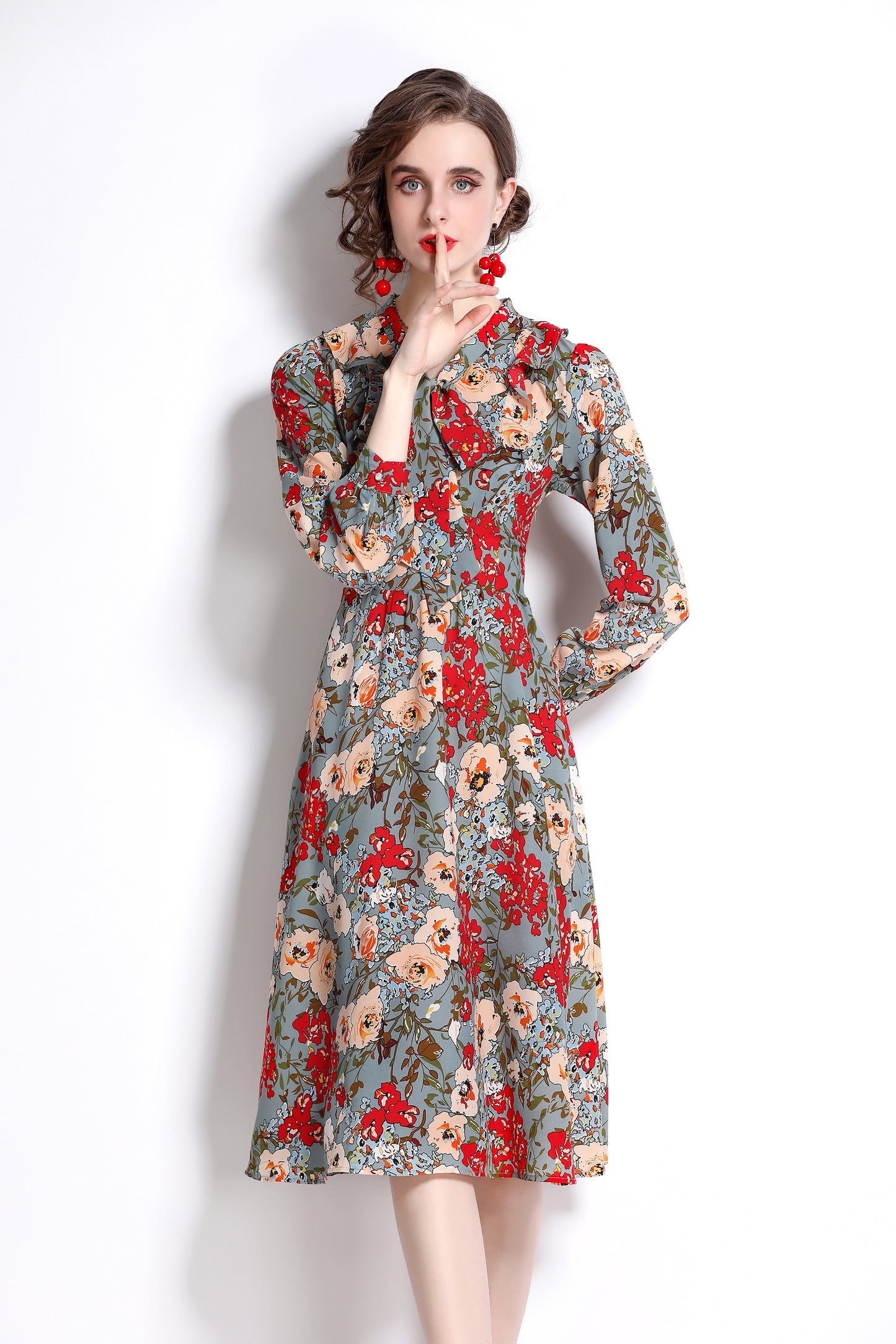 Floral Print Tie Neck Elegant Midi Dress