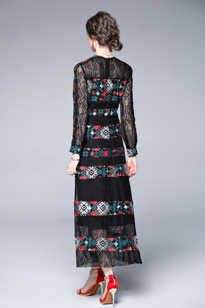 Vintage Floral Embroidery Mesh Stitching style Maxi Dress
