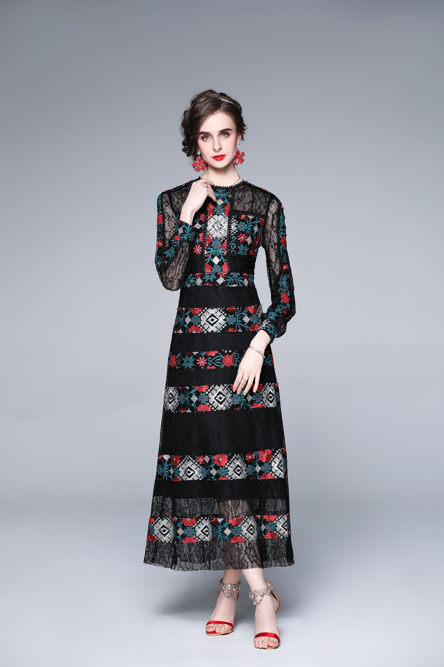 Vintage Floral Embroidery Mesh Stitching style Maxi Dress