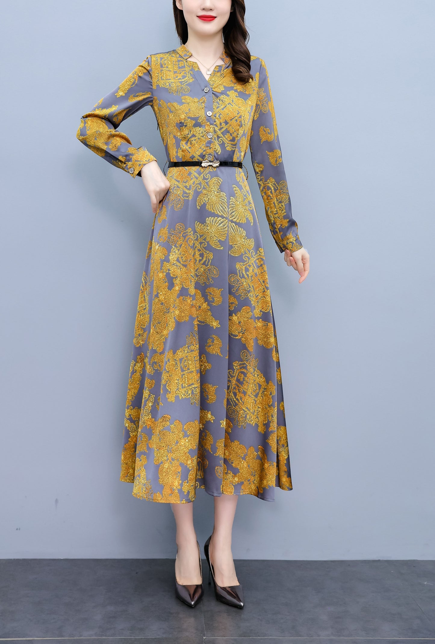 Yellow V-Neck Long Sleeves Floral Print Midi Dress