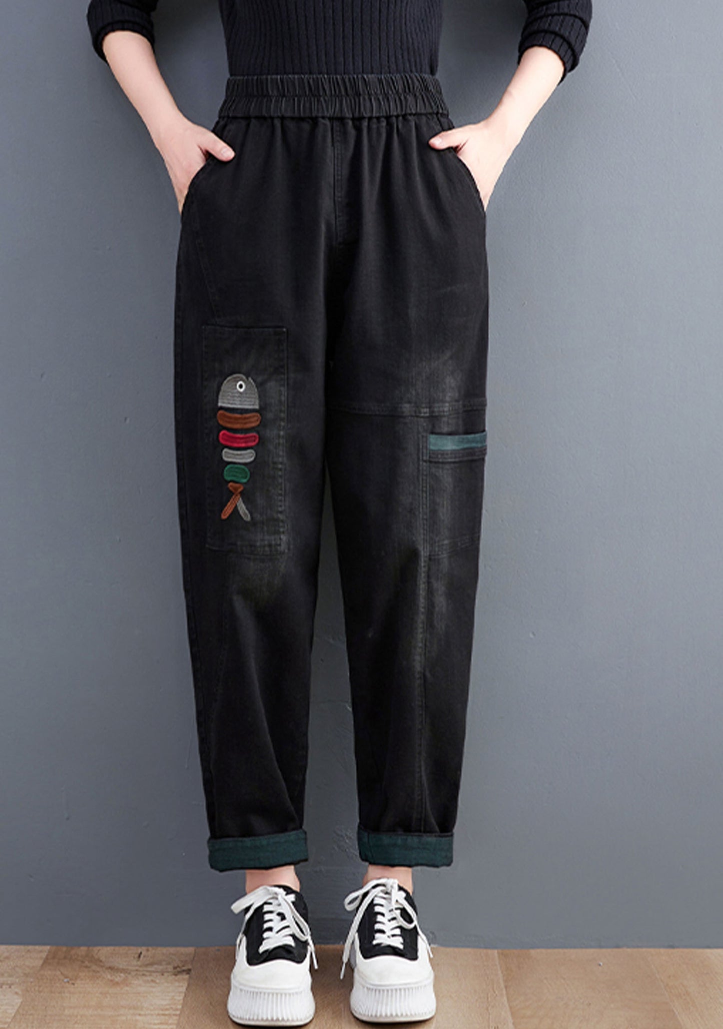 Harem Denim Pants Elastic Waist with Pocket