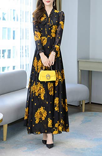 Classic Black Dress Yellow Floral Pattern V-Neck with Tie Maxi Dress - LAI MENG FIVE CATS
