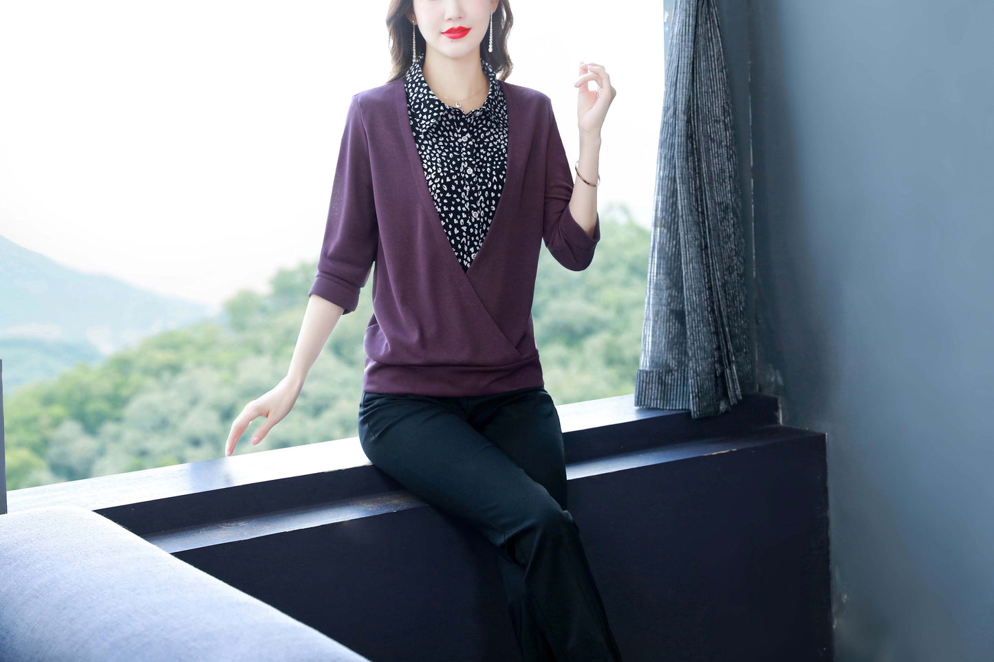 Purple Collar Neck Long Sleeves Patchwork Solid Blouse