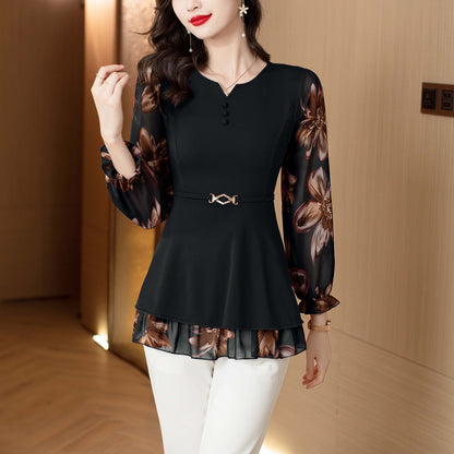 Long Sleeves Crew Neck Patchwork Print Blouse