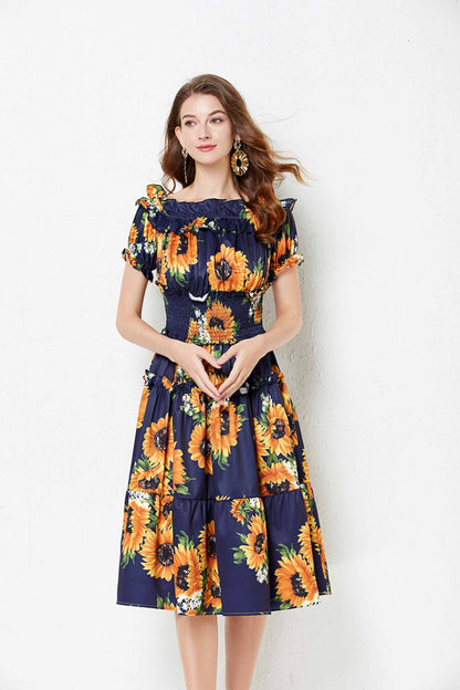 Boho Floral Print Off Shoulder Short Sleeve A Line Swing Midi Dress