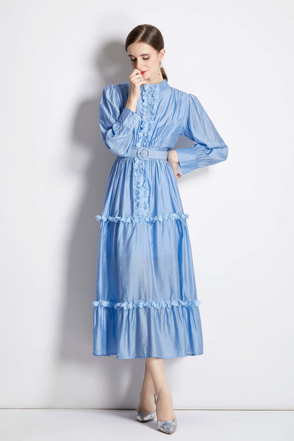 Solid Maxi Button Up Long sleeves Fril Long Dress