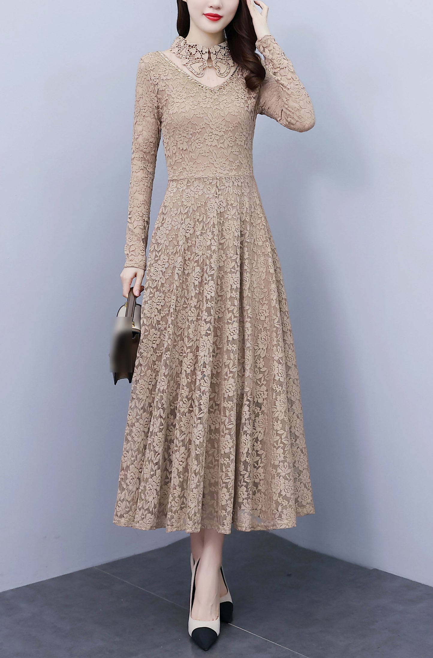 Collared Neck Long Sleeve Floral Lace Dress