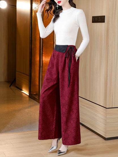 Red High Waist Solid Wide Leg Trousres with Pocket