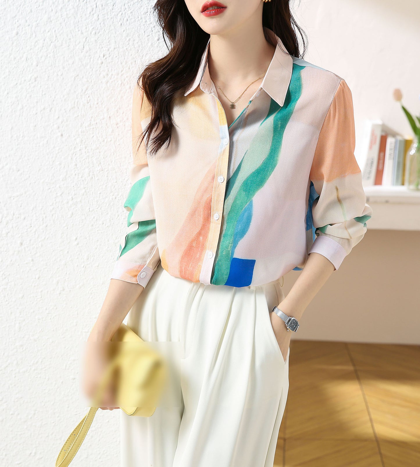 Abstract Floral Print Collared neckline Long Sleeves Blouse