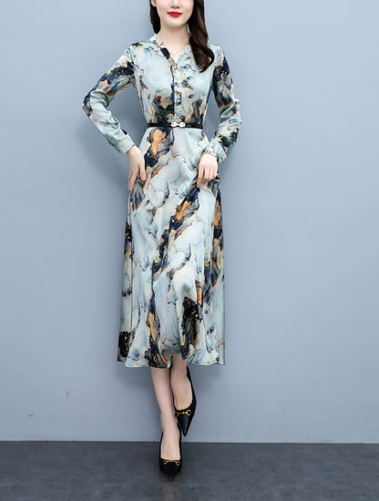 V-Neck Long Sleeves Floral Print Midi Dress