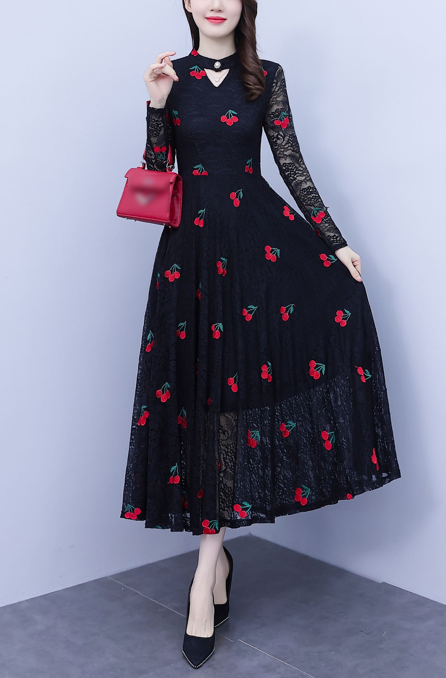 Round Neck Cut-out Long Sleeve Lace Midi Dress