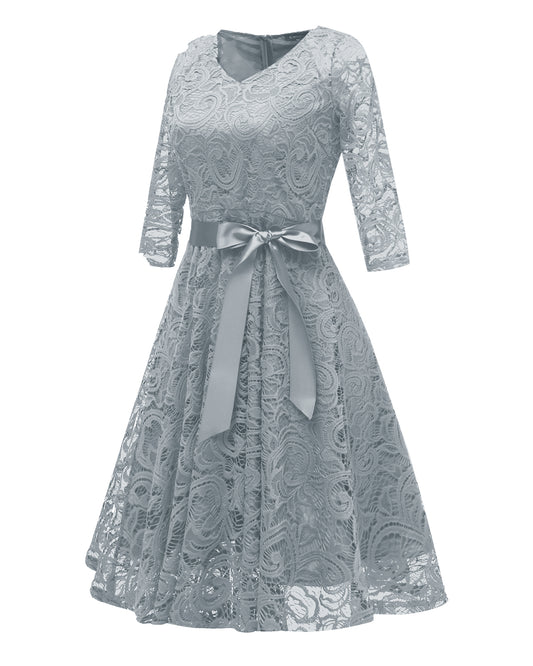 V-neck A-line 3/4 Sleeve Gray Lace Evening Dress With Belt