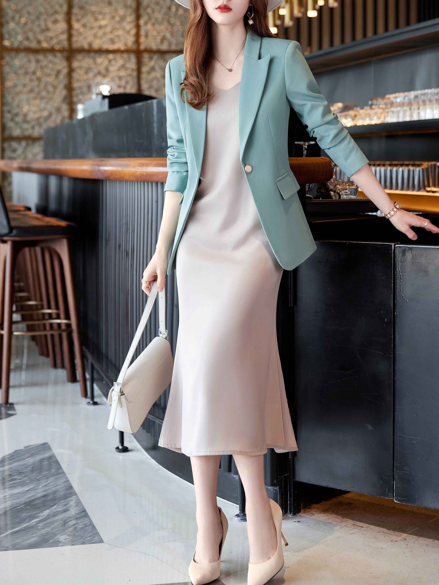 Blue Button Long Sleeves Solid Blazer