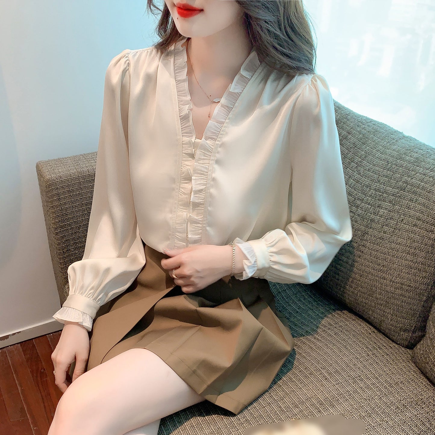 V-Neck Long Sleeve Lace Solid Blouse