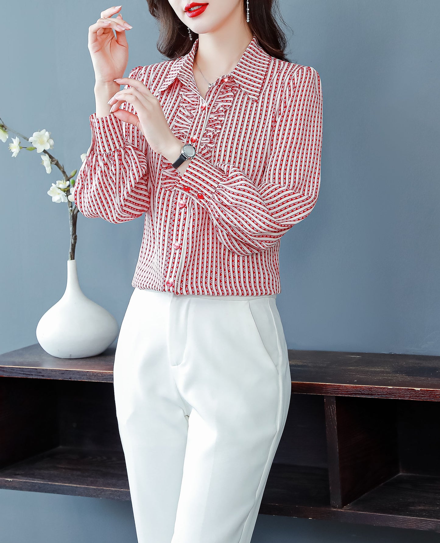 Red Stripe Tops Collared Neck Long Sleeves Button Up Print Blouse
