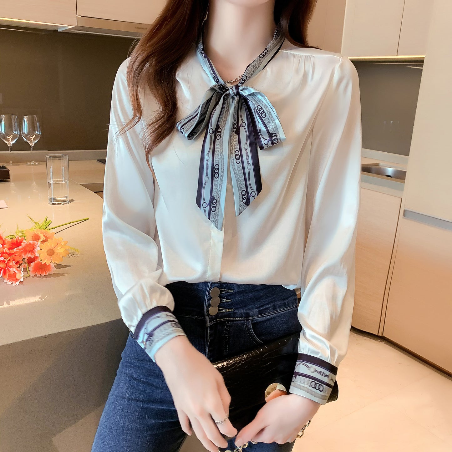 Women's Blouse Solid Color Bow Tie Front Button