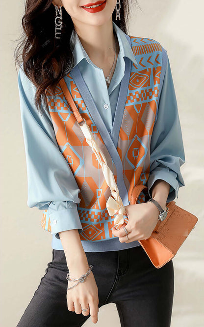 Collar Neck Long Sleeves Patchwork Print Blouse