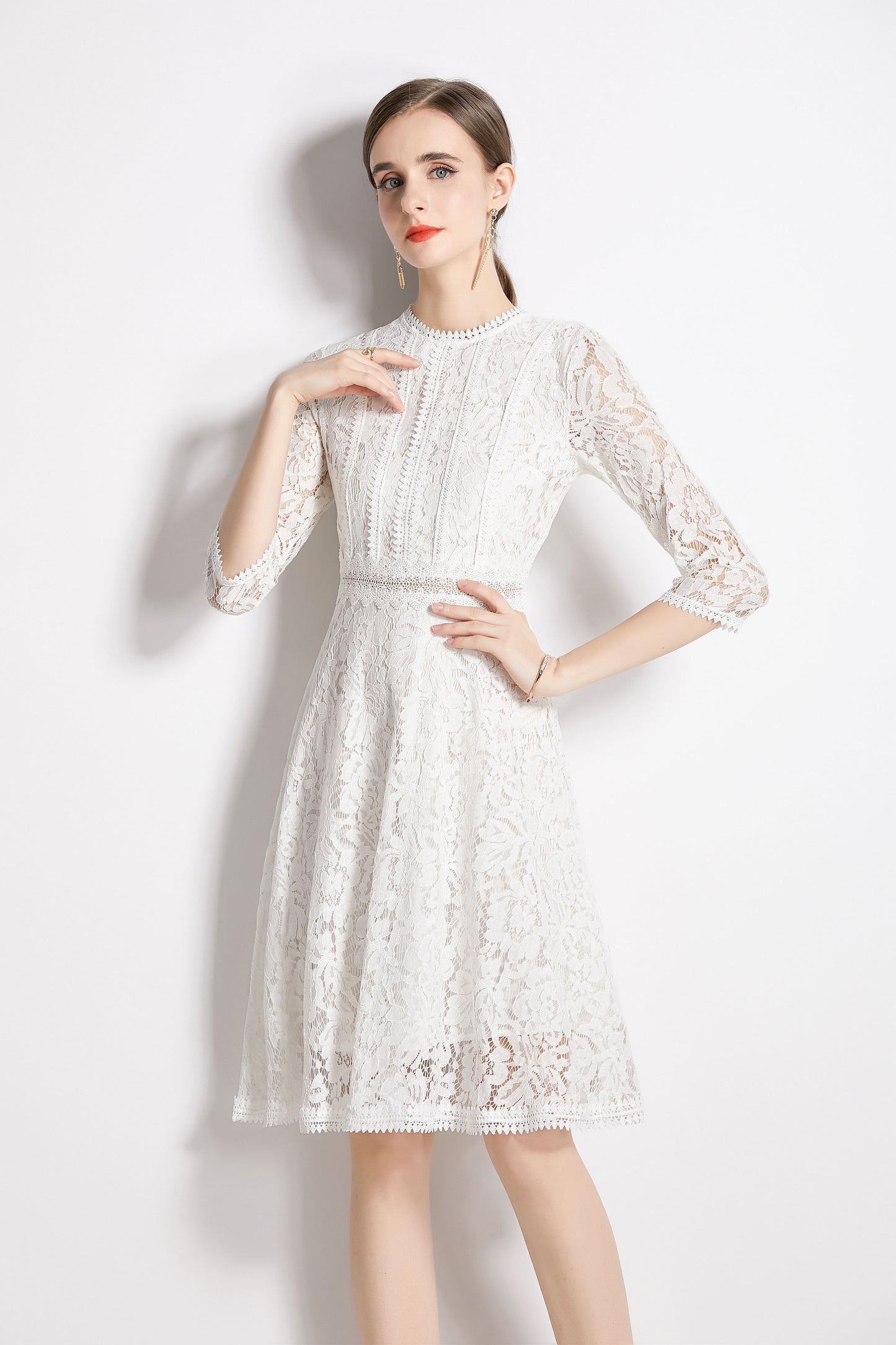 White Tunic Floral Lace 3/4 sleeves Crew Neck Midi Dress