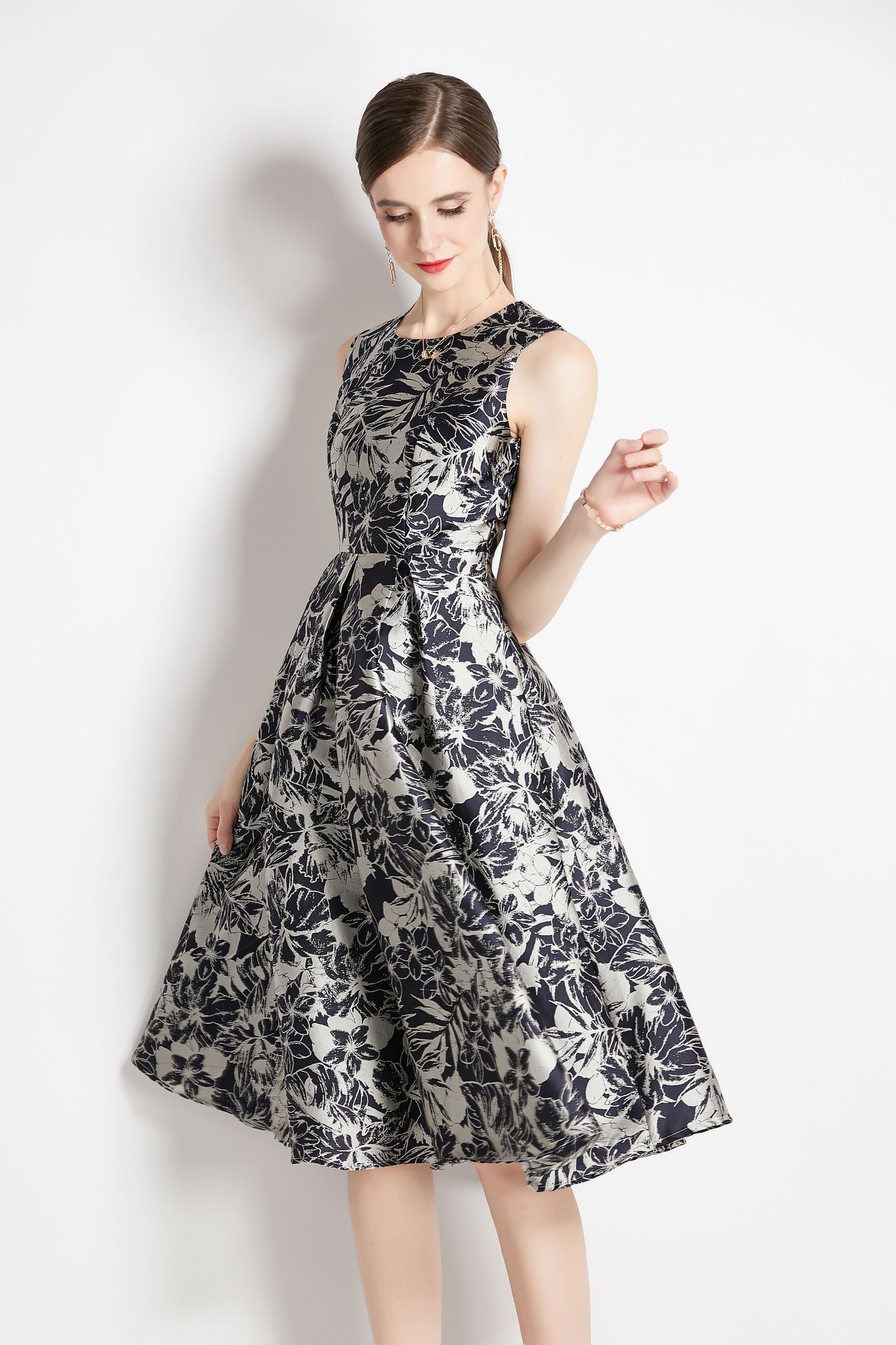 Black Retro Elegant Sleeveless Floral Jacquard Cocktail Dress