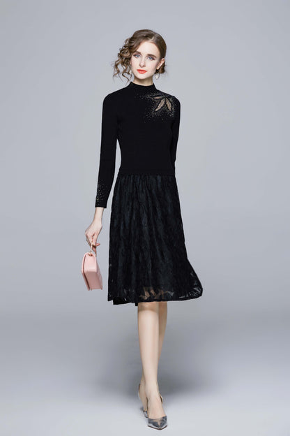 High Neck Long Sleeves Knit Lace Solid Midi Dress