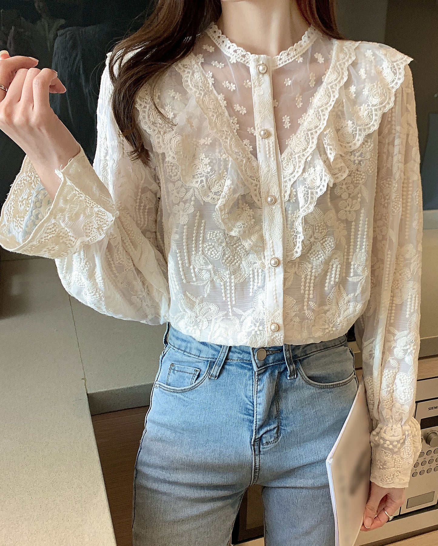 Collared Ruffle Bell Long Sleeve Lace Blouse