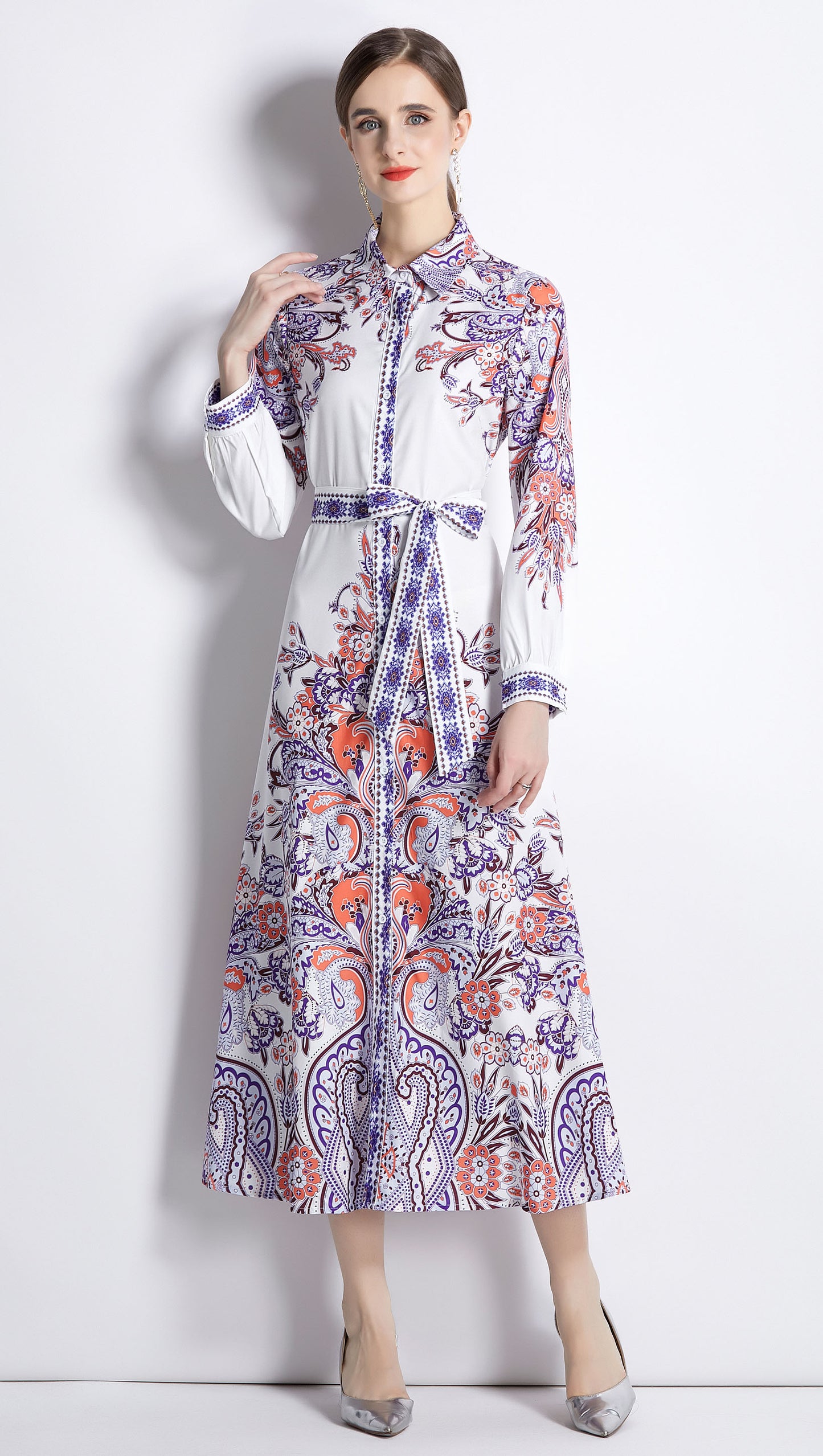 Long Sleeve Button up A-line Floral Print Midi Dress