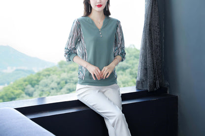 Green V Neck Long Sleeves Patchwork Solid Blouse