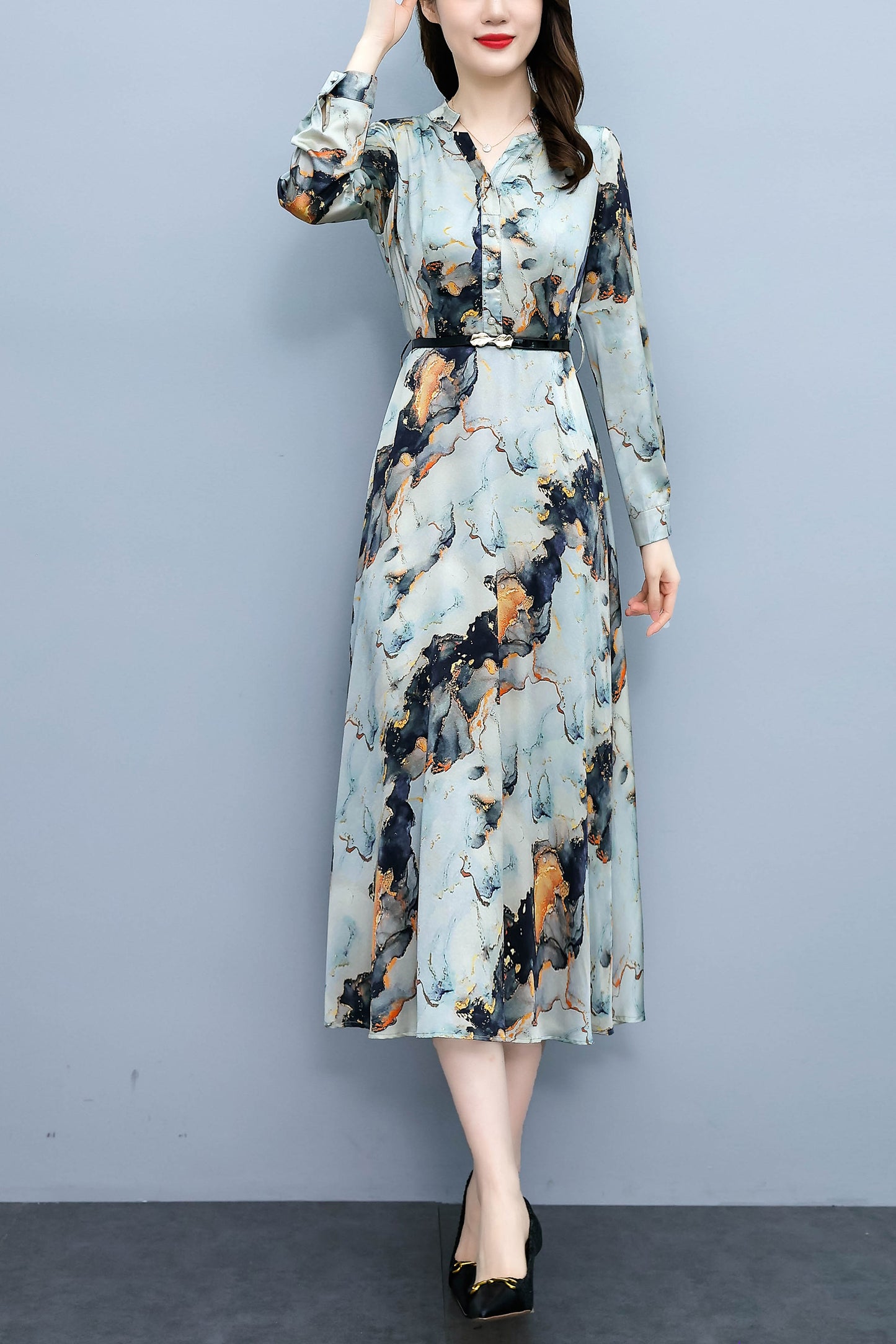 V-Neck Long Sleeves Floral Print Midi Dress