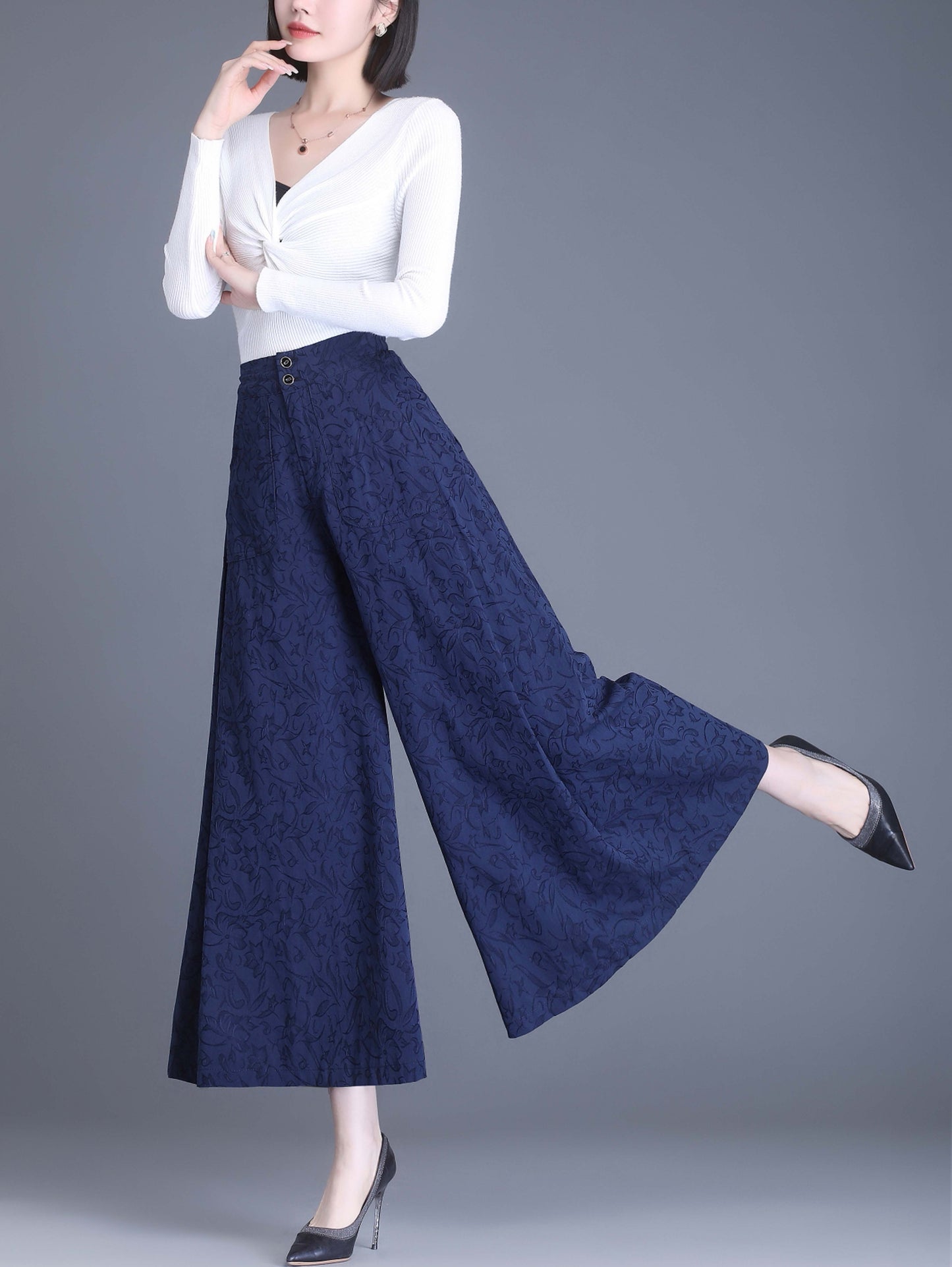 Blue High Waist Solid Wide Leg Trousres with Pocket