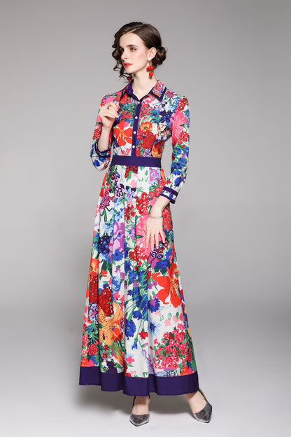 Floral Print Collared neckline Maxi Dress