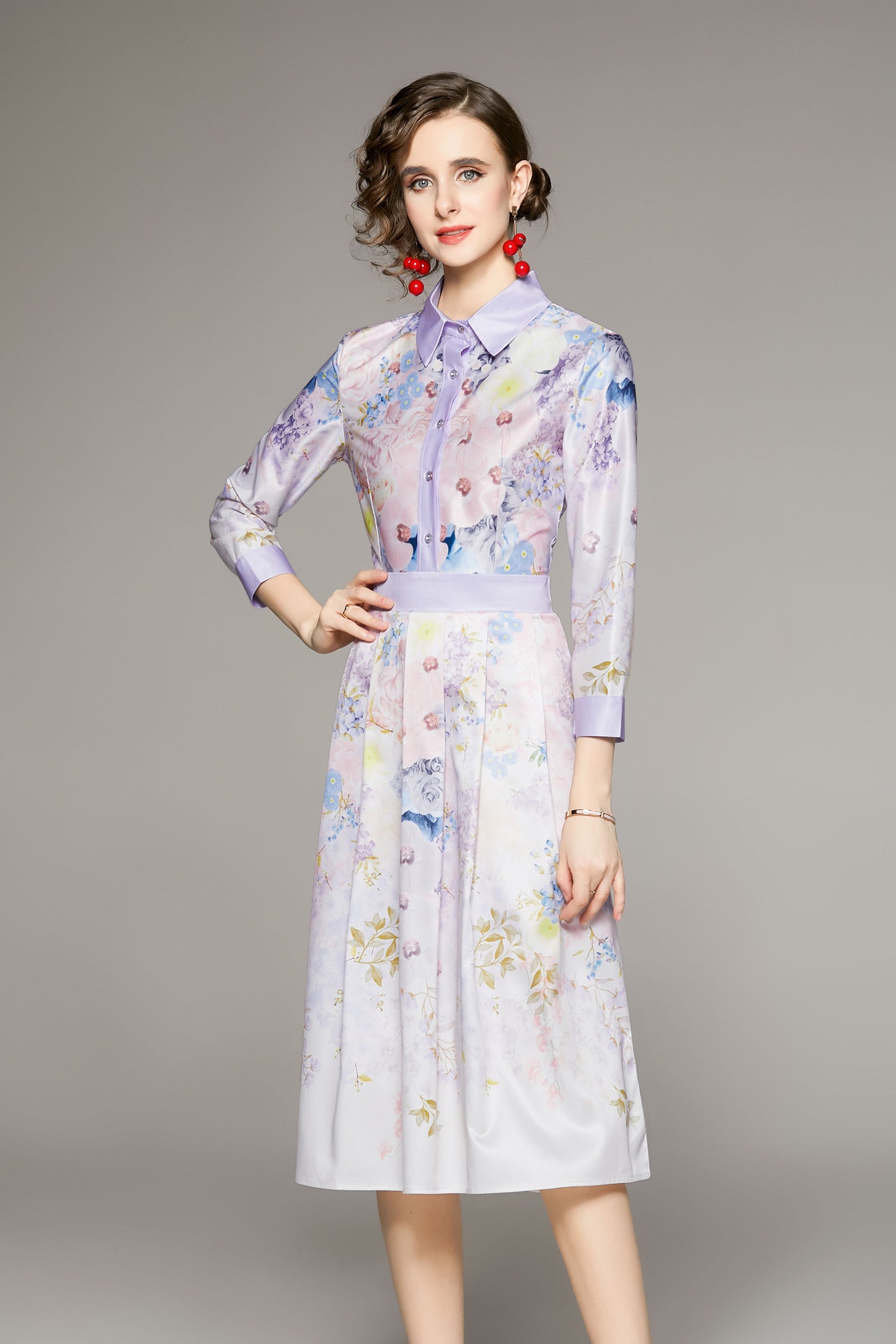 Long Sleeve Floral Print Button up Midi Dress