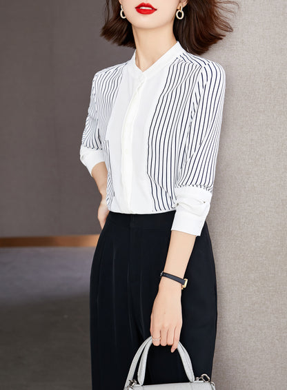 White Crew Stripe Shirts Long Sleeves Button up Blouse Top