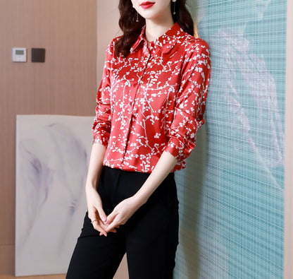 Red Print Collared Long Sleeve Shirt Button up Blouse