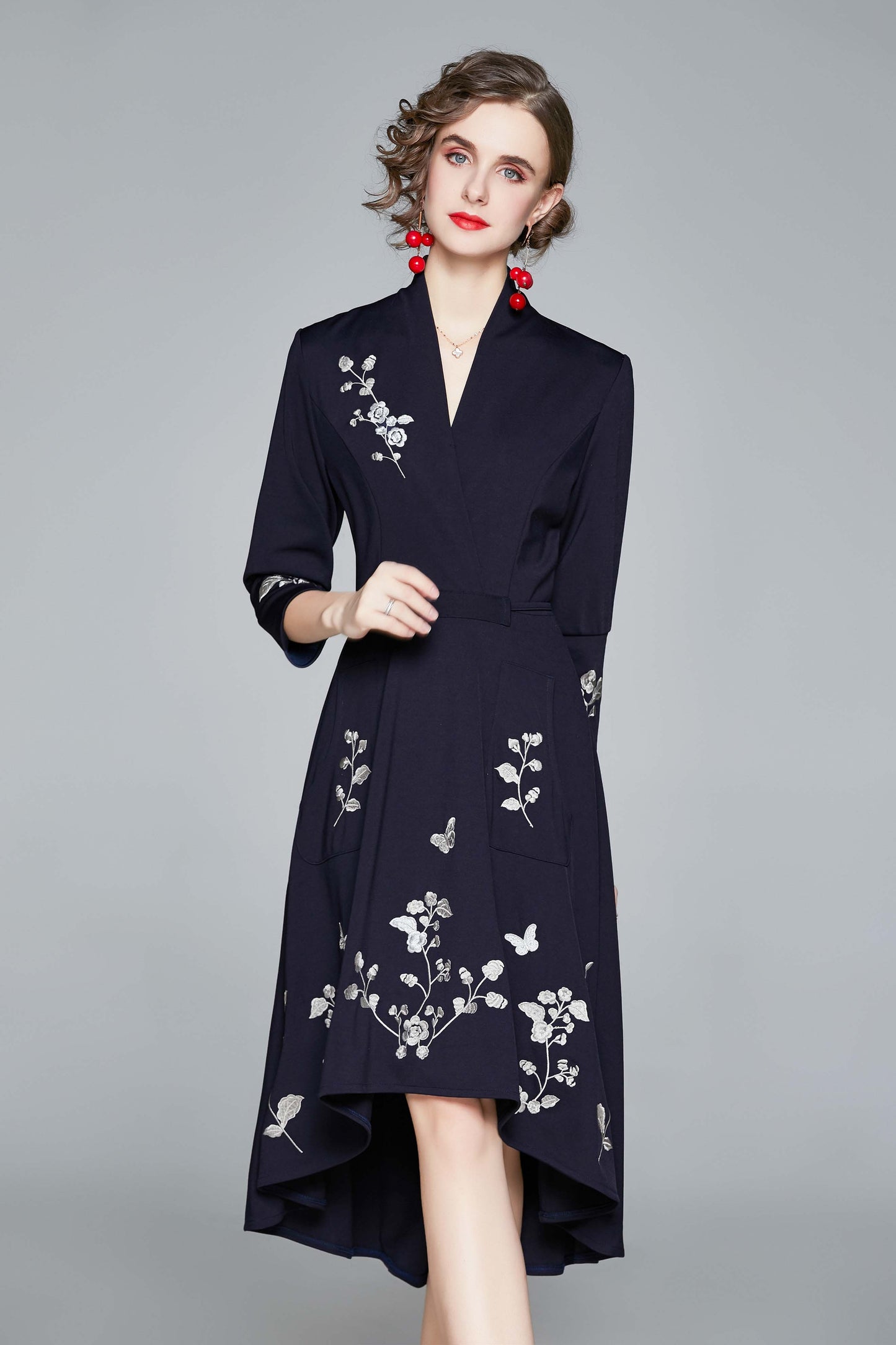 V Neck Embroidery Long Sleeves Midi Dress with pocket