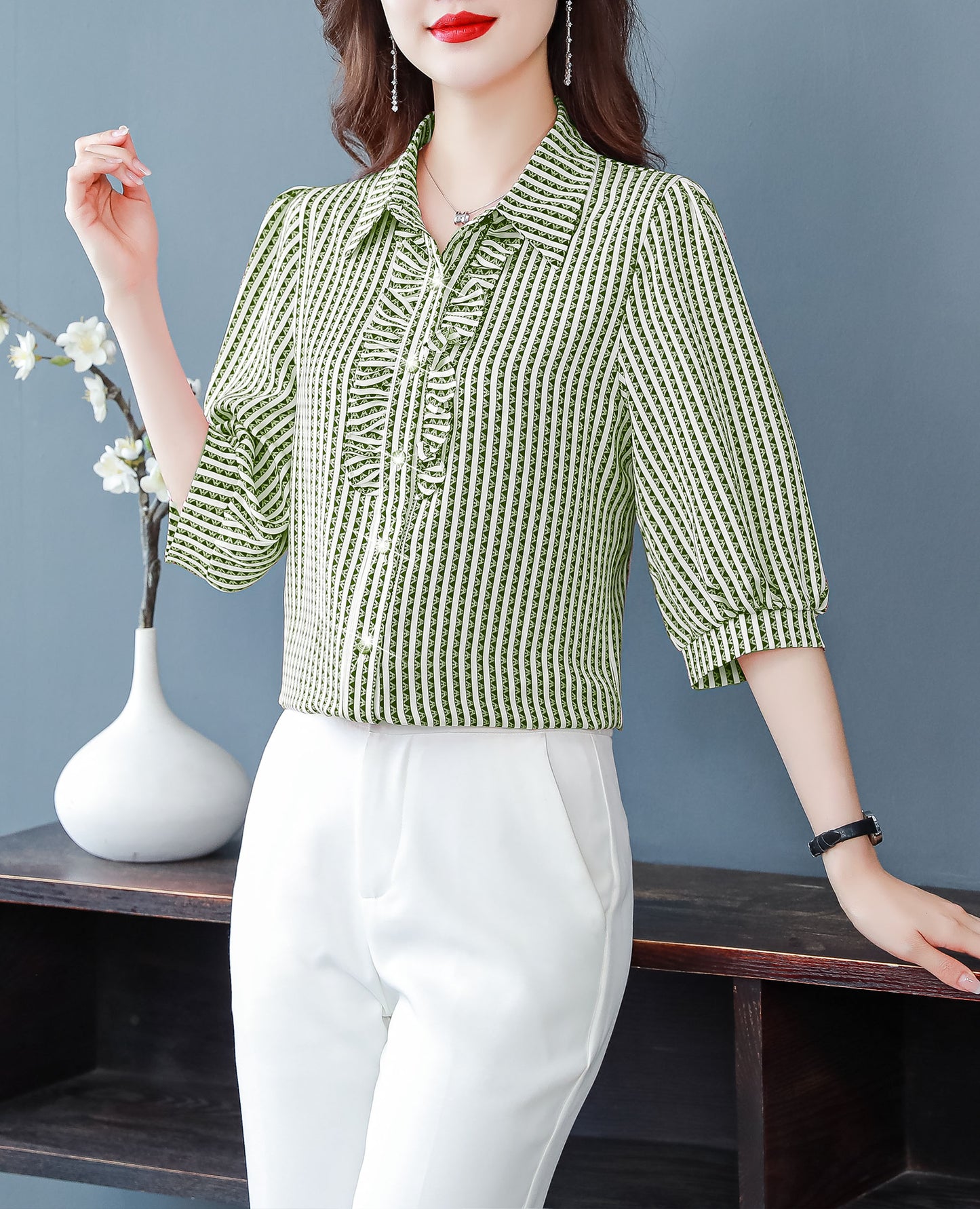 Green Stripe Tops Collared Neck Button Up Print Blouse