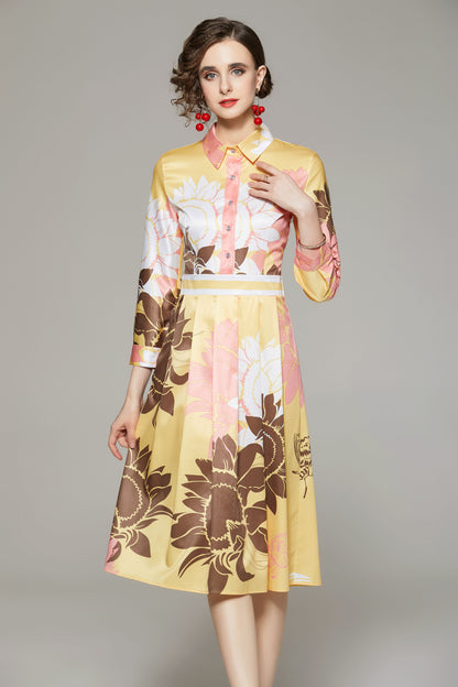 Yellow Floral Print Button Front Midi Wrap Dress