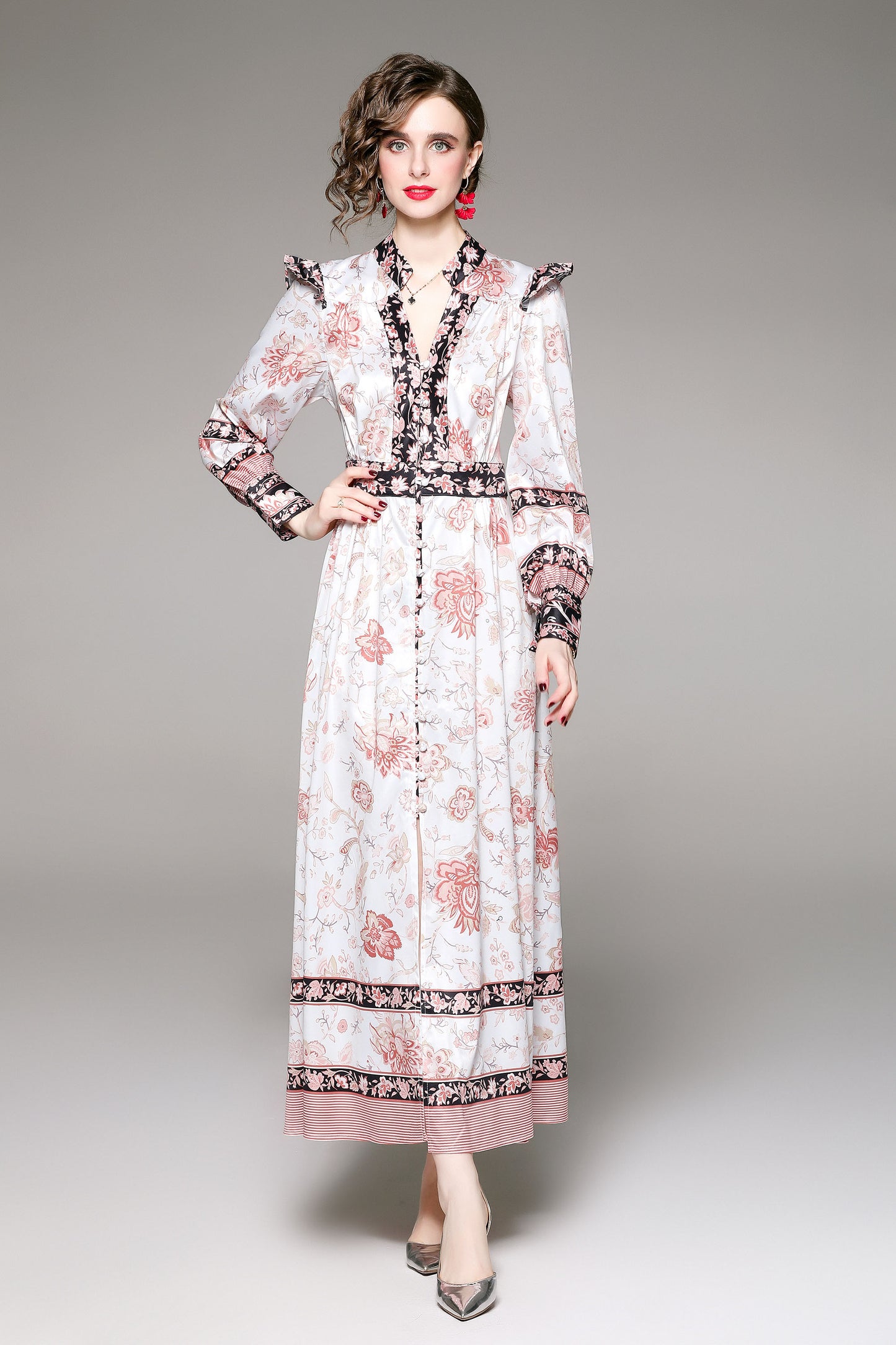 White Floral Print Maxi Dress Flowy Casual Button Up Long Dress