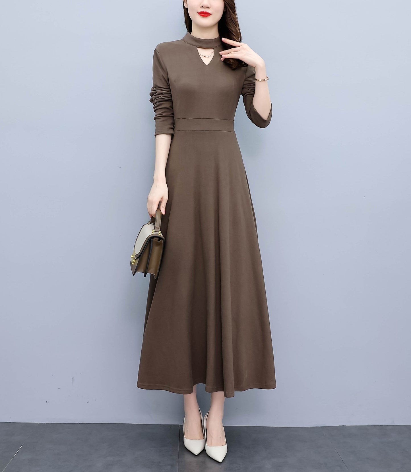 Brown Cut-out detail A-line Maxi Solid Dress